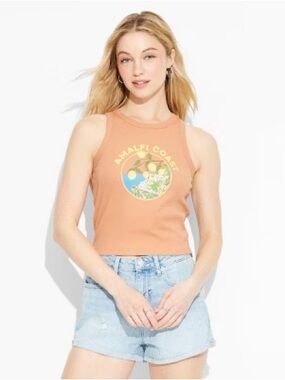 Mighty Fine Peach Ribbed Amalfi Coast Graphic Crop Tank